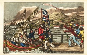 Oficial de la Marina Inglesa secuestrando a una mujer esclavizada en el muelle de Barbados, perseguido por su esposo dueño y trabajadores de la plantación de Charles (c.1797 1850) (after) Williams