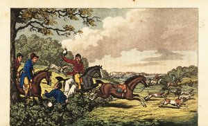 Guardiamarina Newcome cae en un seto mientras caza zorros cerca de Bertram Hall de Charles (c.1797 1850) (after) Williams