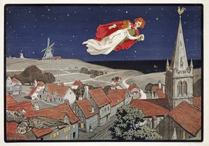 Peter y Wendy volando de Peter Pan de J M Barrie (1860 - 1937) , pub.1904 (litografía en color) de Charles A. Buchel