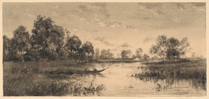 Atardecer en un Río con un Barquero de Charles A. Walker