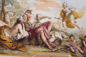 El descanso de Diana entre las ninfas (Il riposo di Diana tra le Ninfe), de Charles-Andre van Loo (1705-1765), fresco, techo abovedado del dormitorio, apartamento de la reina, Stupinigi, Piamonte, Italia