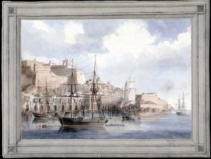 Vista de Malta (el gran puerto de La Valeta con el Fuerte Sant Angelo) - Pintura de Charles Andrew Dyce (1816-1853), acuarela sobre papel (25,1x34,9 cm), hacia 1849 - Universidad de Yale (EE.UU.) de Charles Andrew Dyce
