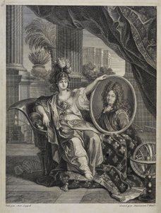 Luis XIV (1638-1715), Rey de Francia, Protector de las Ciencias - grabado por Antoine Coypel en “Historia de la Real Academia de Ciencias” 1703