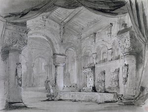 Diseño de escenario del interior del palacio para una representación de la ópera 