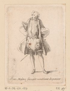 Noble de pie visto de frente Petit Maître faisant semblant de penser (título sobre objeto) Figuras de modos (título de la serie)