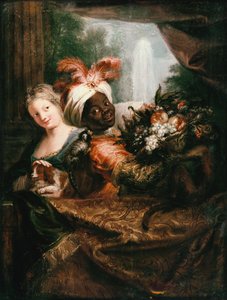 Joven Hombre Negro Sosteniendo una Cesta de Frutas y una Joven Acariciando un Perro de Charles Antoine Coypel