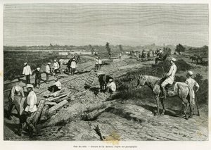 Tendido de los rieles transcaspianos. Grabado por Ch. Barbant para ilustrar la historia Viaje a Merv, por Edgar Boulanger, en le tour du monde 1887, dirigido por Edouard Charton (1807-1890), Hachette, París
