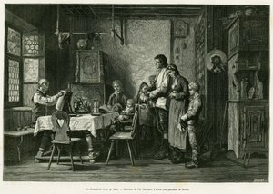 El benedicite. Grabado de Barbant después de una pintura de Brion, para ilustrar la historia A través de Alsacia y Lorena, por Charles Grad, diputado alemán, en 1884, en Le Tour du monde 1886, dirigido por Edouard Charton (1807-1890), Hachette, París. de Charles Barbant
