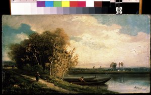 "La costa" Un paisaje de ribera con un pescador y una campesina. Pintura de Charles Barthelemy Jean Durupt (1804-1838) Siglo XIX Museo de Arte Mikhail Kroshitsky, Sebastopol (Ucrania) de Charles Barthelemy Durupt