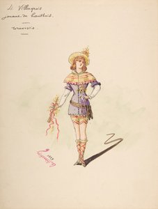 Diseño de Vestuario para 4 aldeanos tocando el oboe, Hoja Descriptiva del Vestuario de Charles Bianchini