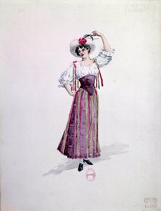 Traje de mujer joven (¿Nedda o Colombina?) para la ópera "Paillasse" (payasos) de Ruggero Leoncavallo (1857-1919) de 1892. Acuarela de Charles Bianchini (1860-1905)