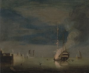 Un barco de dos cubiertas en llamas de noche frente a un fuerte