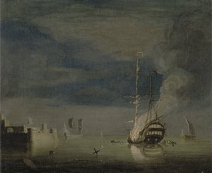 Un barco de dos cubiertas en llamas por la noche frente a un fuerte, c.1740 de Charles Brooking
