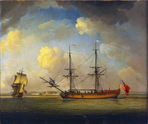 Un buque "Naval Snow", un barco británico con dos mástiles, utilizado para transportar suministros para la Royal Navy, en el horizonte, Fort Tilbury, en el Támesis, Inglaterra. de Charles Brooking