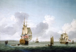 Un barco de dos cubiertas y una fragata remontando el Támesis (Inglaterra), frente a Gravesend. Óleo sobre lienzo de Charles Brooking (1723-1759). de Charles Brooking