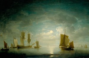 Una fragata inglesa y una embarcación costera calmadas por la luz de la luna de Charles Brooking