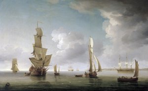 Navegación en el estuario del Támesis (Inglaterra), gran variedad de embarcaciones y descripción de la costa inglesa. Óleo sobre lienzo de Charles Brooking