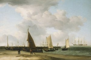 Escena en la orilla, con un edificio bélico en el horizonte. Óleo sobre lienzo de Charles Brooking