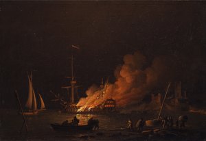 Barco en llamas por la noche de Charles Brooking