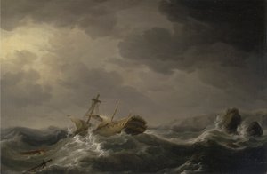 Barco naufragado en una costa rocosa de Charles Brooking