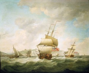 Barco mercante y yate real batidos por el viento, frente a la costa de Dover (Inglaterra). Óleo sobre lienzo, hacia 1750, de Charles Brooking (1723-1759). de Charles Brooking