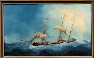 Un velero de tres palos en fuga Pintura de Charles Cheri Dubreuil (Cheri-Dubreuil) (1828-1880) 1865 - Fecamp. Musee Des Terre Neuvas - Un velero de tres palos en fuga. Pintura de Charles Dubreuil (siglo XIX)