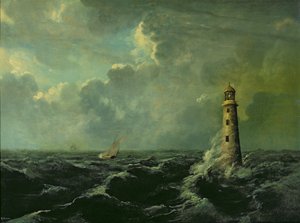 Paisaje marino con faro (óleo sobre tabla)