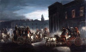 El coche de correos de Edimburgo y otros coches en una calle iluminada de Charles Cooper Henderson