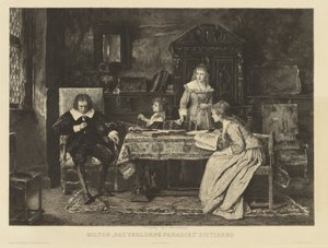 Milton, sentado en un sillón, dicta su paraíso perdido a una de sus hijas. In den r.r.h. Munkacsy en 1878. Al margen: Cap. Courty d