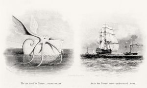 Un calamar gigante y dos barcos en el mar, grabado por George Cooke (1781-1834) de Charles Curtis