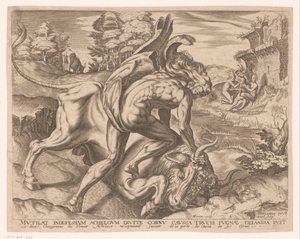 Hércules somete al toro de Creta
Obras de Hércules según Frans Floris (título de la serie) de Charles David