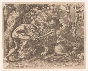 Hércules sostiene al león de Nemea en un estrangulamiento
Obras de Hércules según Frans Floris (título de la serie) de Charles David