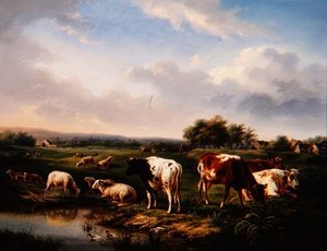 Ganado y ovejas en un paisaje (uno de un par) de Charles Desan