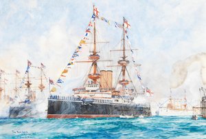 El HMS Majestic en la revista de la flota del Jubileo de Diamante de 1897 en Spithead de Charles Dixon