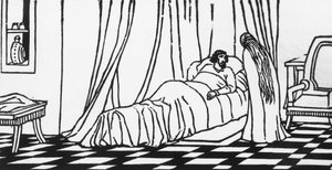 Melisande visitando a Golaud, que está en la cama después de caerse de su caballo, xilografía de Charles Doudelet para Pelleas y Melisande de Maurice Maeterlinck, publicada por Claudio Argentieri, Spoleto, Italia de Charles Doudelet