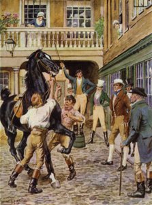 Ilustración para The Amateur Gentleman de Jeffery Farnol (litografia en color)