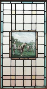 Una ventana de vidrio emplomado de finales de la época victoriana con los golfistas, c. 1890 de Charles Edmund Brock