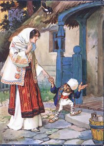 El hermanito Bit llevó a su hermosa novia a la casa que había construido para ella, escena de El hermanito Bit en Cuentos infantiles de leyendas rumanas por Moses Gaster (1856-1939) 1921 de Charles Edmund Brock
