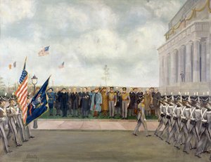 El mariscal Joffre en misión a Washington inspeccionando a los estudiantes de West Point, primavera de 1917, por Charles Edmund Brock (1870-1938), Primera Guerra Mundial, Estados Unidos, siglo XX de Charles Edmund Brock