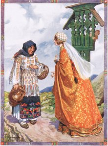La Princesa... le pidió que cambiara la ropa de campesina por sus vestiduras reales, escena de Buena Suerte y Mala Suerte en Historias Infantiles de Leyendas Rumanas de Moses Gaster (1856-1939) 1921 de Charles Edmund Brock