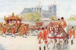 El carruaje de coronación gira hacia el Embankment (litografía a color) de Charles Edmund Brock