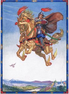 El caballo voló por el aire, escena de El Caballero de las Flores en Historias Infantiles de Leyendas Rumanas de Moses Gaster (1856-1939) 1921 de Charles Edmund Brock