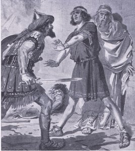 La vida de Creso salvada por su hijo mudo, de My Magazine, pub.1922 (litografía) de Charles Edmund Brock