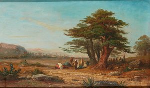 Levantando el campamento, con los camellos descansando (óleo sobre tabla)