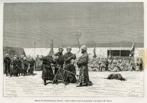 Ejercicios de manipulación de rifles Taifourchi, tropas armadas y entrenadas por los militares chinos, dibujo de Delort, para ilustrar los recuerdos de una embajada inglesa en Kachgar (o Kashi, China) en 1873-74, por Mr. Chapman y Gordon. Grabado en Le tou