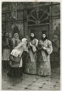 Sacerdotes dando a besar las imágenes santas, grabado por Ch. Delort, para ilustrar el viaje de Henri Belle a Grecia en 1861, 1868 y 1874, publicado en el tour du monde, bajo la dirección de Edouard Charton de Charles Edouard Delort