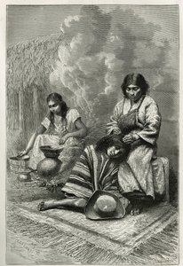 El malcriar de un niño por su madre y la fabricación de aguardiente de caña (ron), cerca de Cali (Valle del Cauca, Colombia), grabado por Ch. Delort, para ilustrar la historia de América Ecuatorial por E. Andre, una misión asignada por el gobierno francés, de Charles Edouard Delort