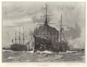 La Partida de Mr Chamberlain hacia Sudáfrica, H M S Good Hope saliendo del Puerto de Portsmouth de Charles Edward Dixon