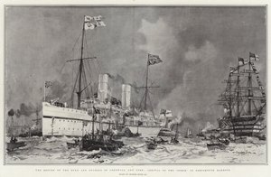 El regreso del duque y la duquesa de Cornualles y York, llegada del Ophir al puerto de Portsmouth