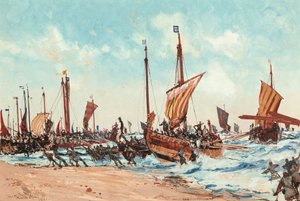 El desembarco de Guillermo el Conquistador en Hastings, el 28 de septiembre de 1066. de Charles Edward Dixon